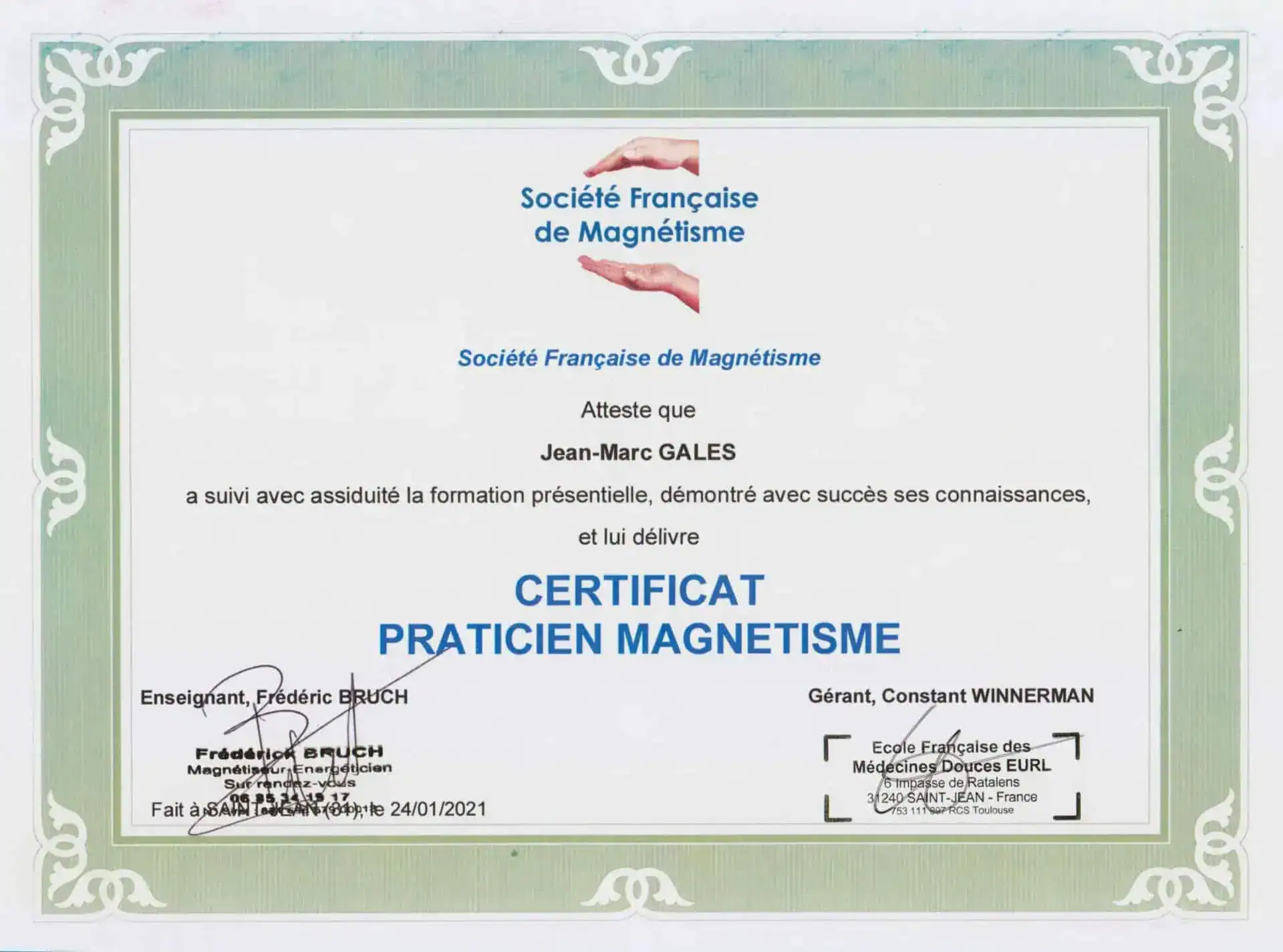 Jean Marc Galès Certificat-Magnetisme