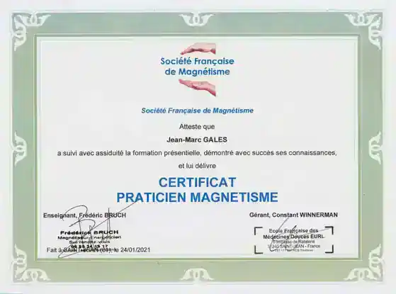 Certificat-Magnetisme-Praticien-Jean Marc Galès hypnomagnet