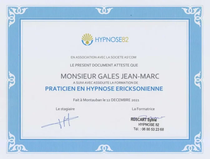 Jean Marc Galès Certificat-Hypnose-Praticien-